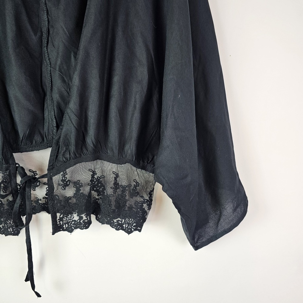 Rebellion Again Black Lace Trim Cropped Kimono Sleeve Blouse Top Peasant Boho L - Picture 4 of 7
